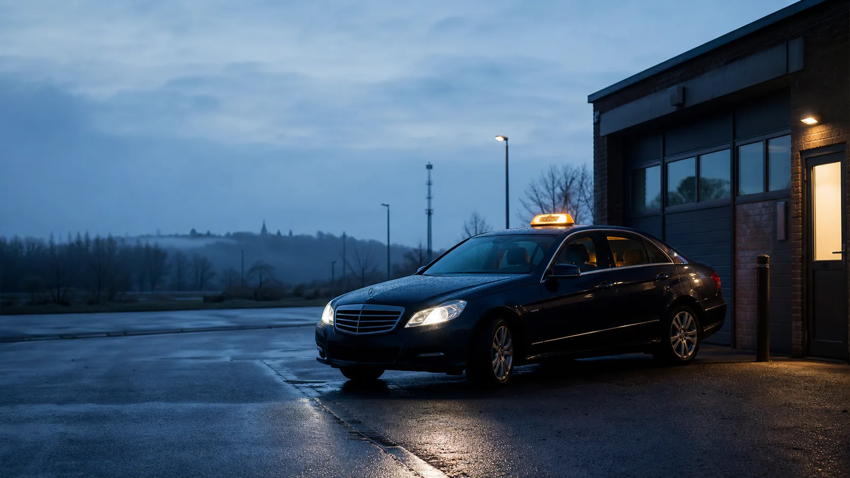 Taxi stationné devant un dépôt au petit matin